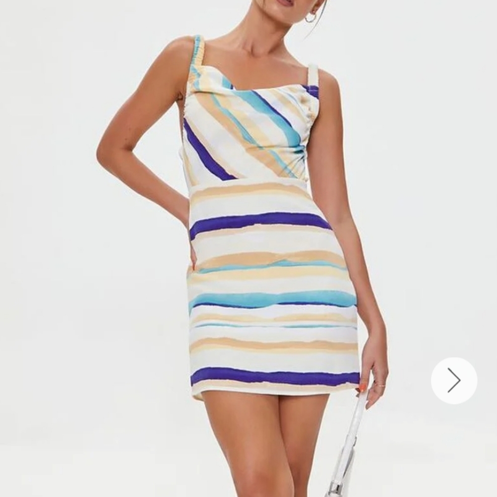 Forever 21 striped tan blue multi-color mini dress size small NEW